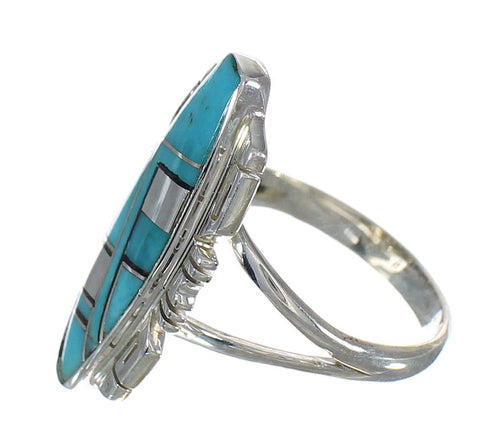 Southwestern Turquoise And Jet Silver Ring Size 6-1/2 AX82406